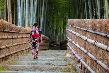 Young Japanese woman in a traditional Kimono dress strolls by the Bamboo Grove at Adashino...
