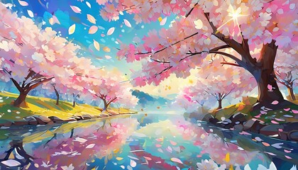vibrant and picturesque landscapes with cherry blossoms in full bloom, framing a majestic mountain, likely inspired by Mount Fuji, and reflecting on tranquil waters. This scene is a celebration of nat