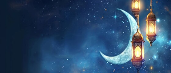 Fototapeta premium Ramadan Kareem Blue Banner with Crescent Moon and Lanterns - Islamic Greeting Card for Muslim Holiday Celebration