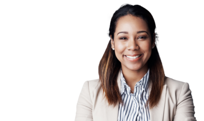 Business, woman and portrait or happy with confidence for corporate career, startup and human resource work. Entrepreneur, employee and face with pride or smile isolated on png transparent background