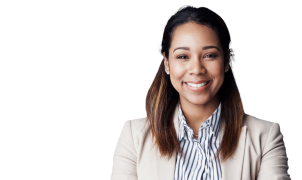 Business, woman and portrait or happy with confidence for corporate career, startup and human resource work. Entrepreneur, employee and face with pride or smile isolated on png transparent background