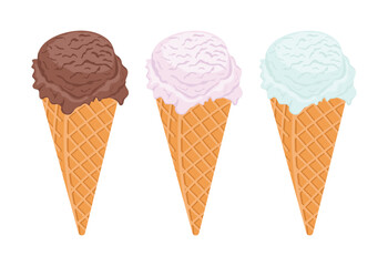 Set of hand drawn ice cream cones vector illustration, scoop of gelato of different flavours in a waffle cone