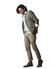 Naklejka premium Man, thinking and fashion with smile in suit for vintage style, memory and isolated by transparent png background. Person, edgy and retro clothes with vision, happy and remember with trendy glasses