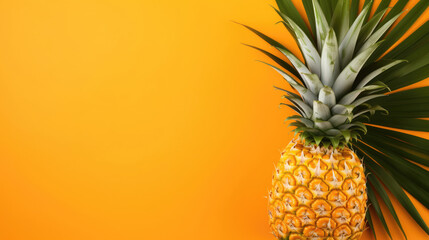 Pineapple isolated on bright pastel orange yellow background, top view, flat lay