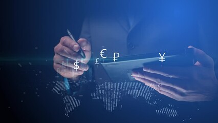 Cg footage about working with arbitrage of currencies and cryptocurrencies. Businessman with tablet on background of which symbols of world currencies move over digital map of the world