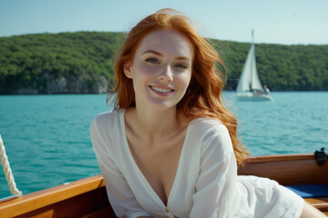 Fototapeta premium Beautiful young woman relaxing on a boat on summer vacation
