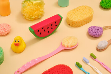Bathroom colorful set. Skin routine and various accessories for shower care.