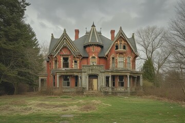 Abandoned mansion in the countryside with weathered bricks, neglected grandeur, and an overgrown yard of wild grass and weeds