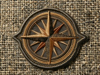 Fototapeta na wymiar A hyper-realistic compass rose patch with intricate embroidery and fine details. Vibrant warm tones of gold, copper, and bronze on a textured fabric background. Meticulously crafted with delicate lin