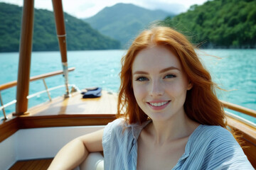 Fototapeta na wymiar Beautiful young woman relaxing on a boat on summer vacation