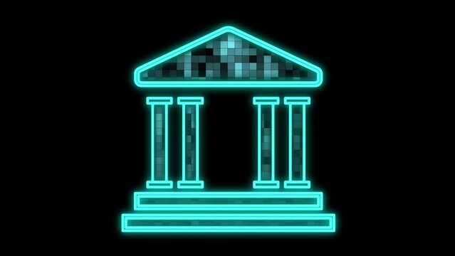 Cg footage is a symbol of a fundamental building in neon turquoise color made of squares flashing in different shades. Citadel effect. Fortress. Impossible to hack