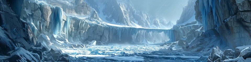 A frozen Ice Age landscape, where glaciers carve through ancient rock, creating deep fjords, and...