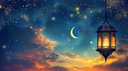 Ramadan Kareem - beautiful night scene with crescent moon, traditional lantern, and bokeh effect - celebration of Eid ul Fitr