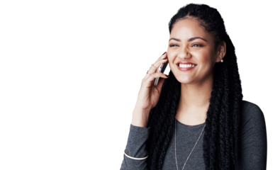 Professional woman, phone call and communication for contract or deal with consultant at startup on png transparent background. Contact, networking and b2b at consultancy agency with conversation