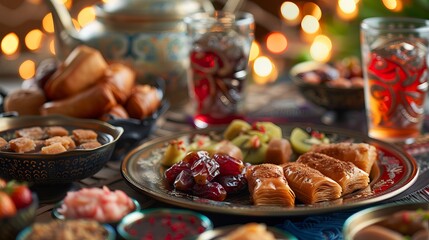 Ramadan Kareem: Delicious Iftar feast with dates, fruits, salads, and meat dishes on a decorated table - obrazy, fototapety, plakaty
