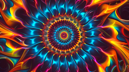 Psychedelic Fractal Bloom: A Vivid Tapestry of Radiant Colors Unfolding in a Symmetrical Digital Masterpiece. Perfect for a Striking Background or Vibrant Wallpaper.