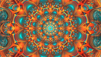 A Luxurious Fusion of Teal and Orange in a Mesmerizing Symmetrical Pattern. This Ornate Digital Artwork Provides a Rich and Vibrant Background for Creative and Modern Designs.
