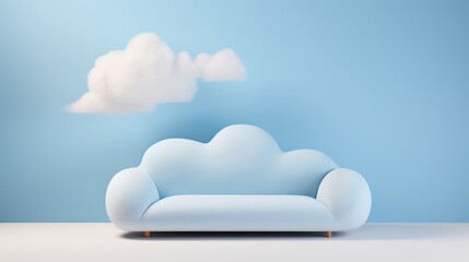 A pillow designed to resemble a cloud, floating on a sky-blue sofa