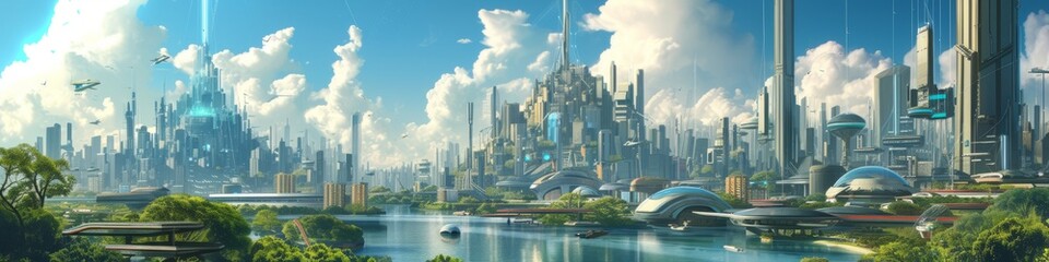 A future metropolis Earth, where traditional landscapes are replaced by digital gardens and virtual nature reserves, amidst a backdrop of high-tech infrastructure. - obrazy, fototapety, plakaty