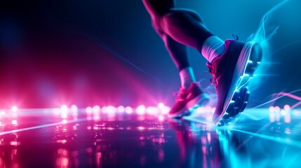 Close-up,Sporty young man running on blue neon effect background
