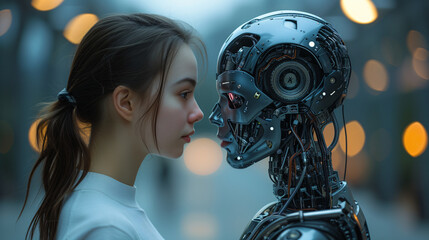 Fototapeta premium Close-up of a woman and a sophisticated robot head to head, embodying the convergence of humanity with advanced robotics.