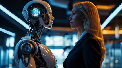 A futuristic encounter between a businesswoman and an advanced humanoid robot in a high-tech environment.