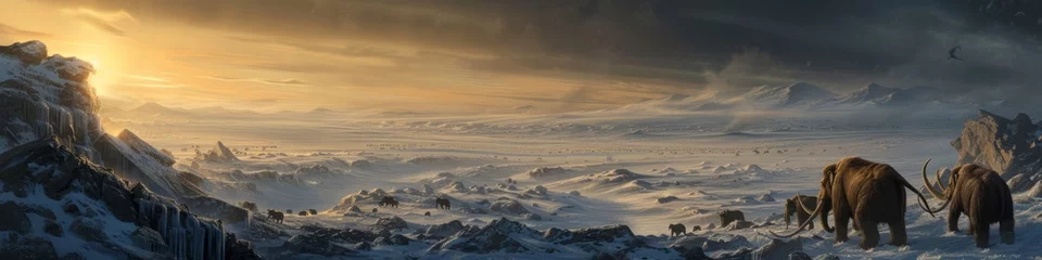 Fotobehang A high vantage point overlooking a vast Ice Age expanse, where herds of woolly mammoths traverse the snow-blanketed terrain, their path illuminated by  © Bilas AI