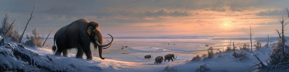 A high vantage point overlooking a vast Ice Age expanse, where herds of woolly mammoths traverse the snow-blanketed terrain, their path illuminated by  - obrazy, fototapety, plakaty
