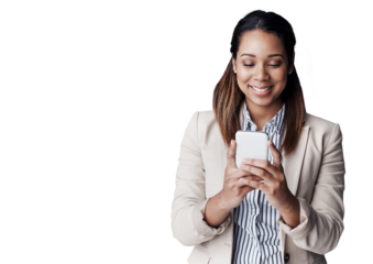 Business, smile and woman with a smartphone, typing and employee isolated on a transparent background. Png, person and entrepreneur with a cellphone and mobile user with social media and digital app