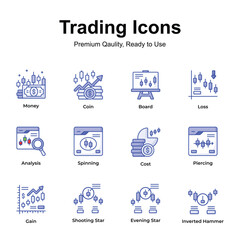 Get this amazing trading icons set in trendy design style, up for premium use