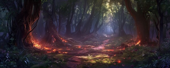 A magical forest clearing, post-duel, with scorched earth and abandoned wands hinting at an arcane battle. - obrazy, fototapety, plakaty