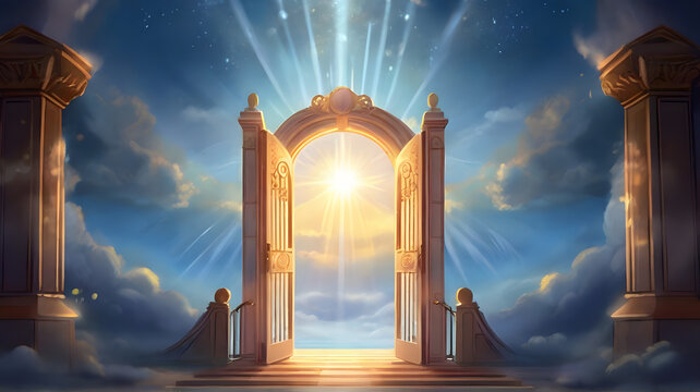  An illustration of the gates of heaven slightly ajar, radiating divine light - AI