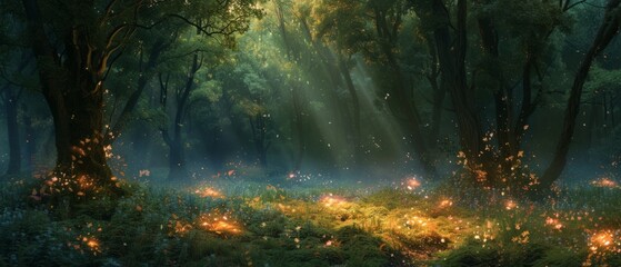 A magical forest clearing, post-duel, with scorched earth and abandoned wands hinting at an arcane battle. - obrazy, fototapety, plakaty