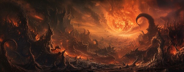 A nightmarish landscape of hell, featuring twisted structures and forms, bathed in an unsettling glow from a hellfire, creating a sense of perpetual dread.