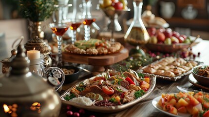 Fototapeta na wymiar Ramadan Kareem: Delicious Iftar feast with dates, fruits, salads, and meat dishes on a decorated table