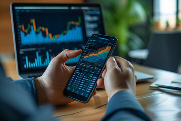 Close-up of investor hands using smartphone app and laptop to study financial statistics and market trends for trading.