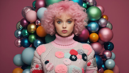 Colorful Beauty: Young, Fashionable Woman with a Pink Wig Poses in a Stylish Studio Shot