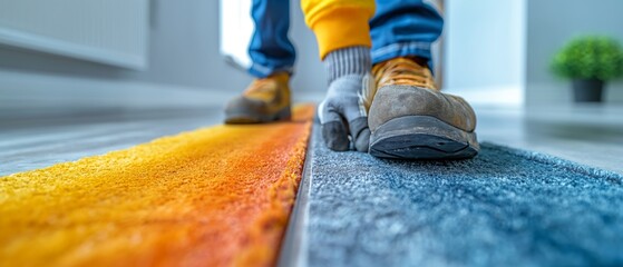 Worker hands installing carpet floor. Fixing Floor. Ad poster for the construction presentation. - obrazy, fototapety, plakaty