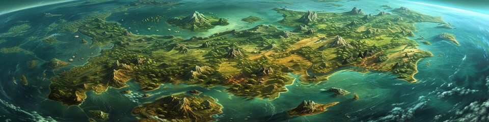 A panoramic view of Pangaea's rich landscapes, depicting the early stages of continental drift; colossal land bridges connecting diverse biomes, ranging from  - obrazy, fototapety, plakaty
