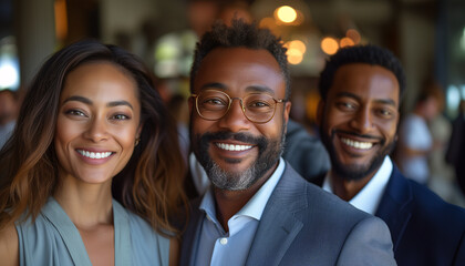 Fototapeta premium A diverse group of smiling professionals posing for a photo, showcasing teamwork and unity in a business setting.