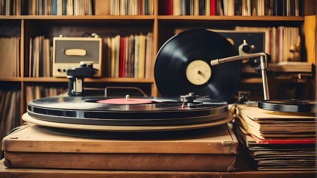 old gramophone with record, A stock of vintage vinyl records with an old record player in background