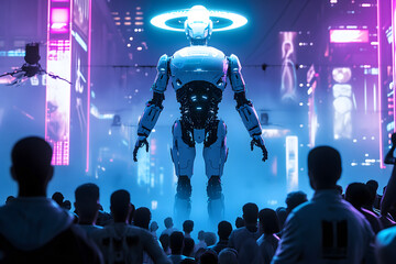 Obraz premium Cyber god in front of their adepts for artificial super intelligence encounter
