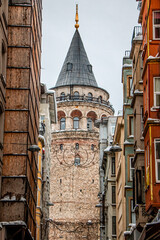 Snowy day in Istanbul, Turkey. View of Galata Towe