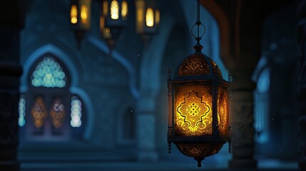 Ramadan Kareem greeting card with glowing Arabic lantern and candle at night with copy space