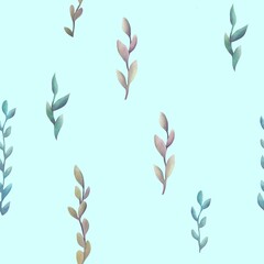 watercolor botanical seamless pattern with light blue Background. Pastel Decorative print with delicate branches with leaves. cute floral wallpaper