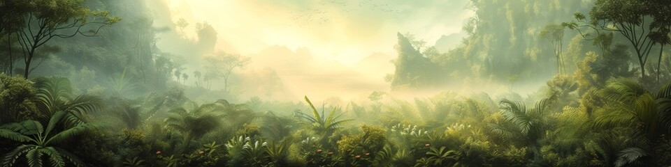 A prehistoric landscape dominated by towering megaflora, giant ferns and colossal flowers covering the land, creating a dense jungle of vibrant green under a misty sky. - obrazy, fototapety, plakaty