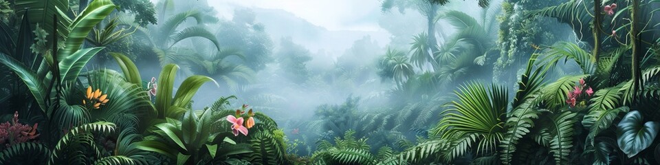 A prehistoric landscape dominated by towering megaflora, giant ferns and colossal flowers covering the land, creating a dense jungle of vibrant green under a misty sky