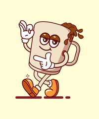 Vector cartoon illustration of retro coffee cup character with funny face, perfect for, stickers, posters, t-shirts, mascots, logos, etc