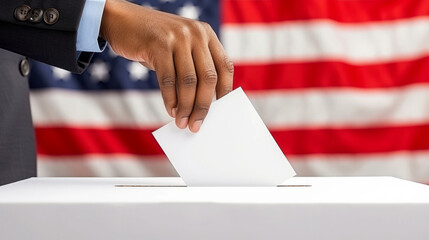 Hand places a ballot in ballot box against the backdrop of blurred American flag. The power of one voice and your choice