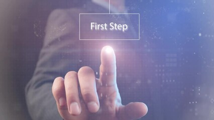 Cg footage. A businessman touches a light point with his finger on a transparent screen on which a road map begins to move to achieve business success